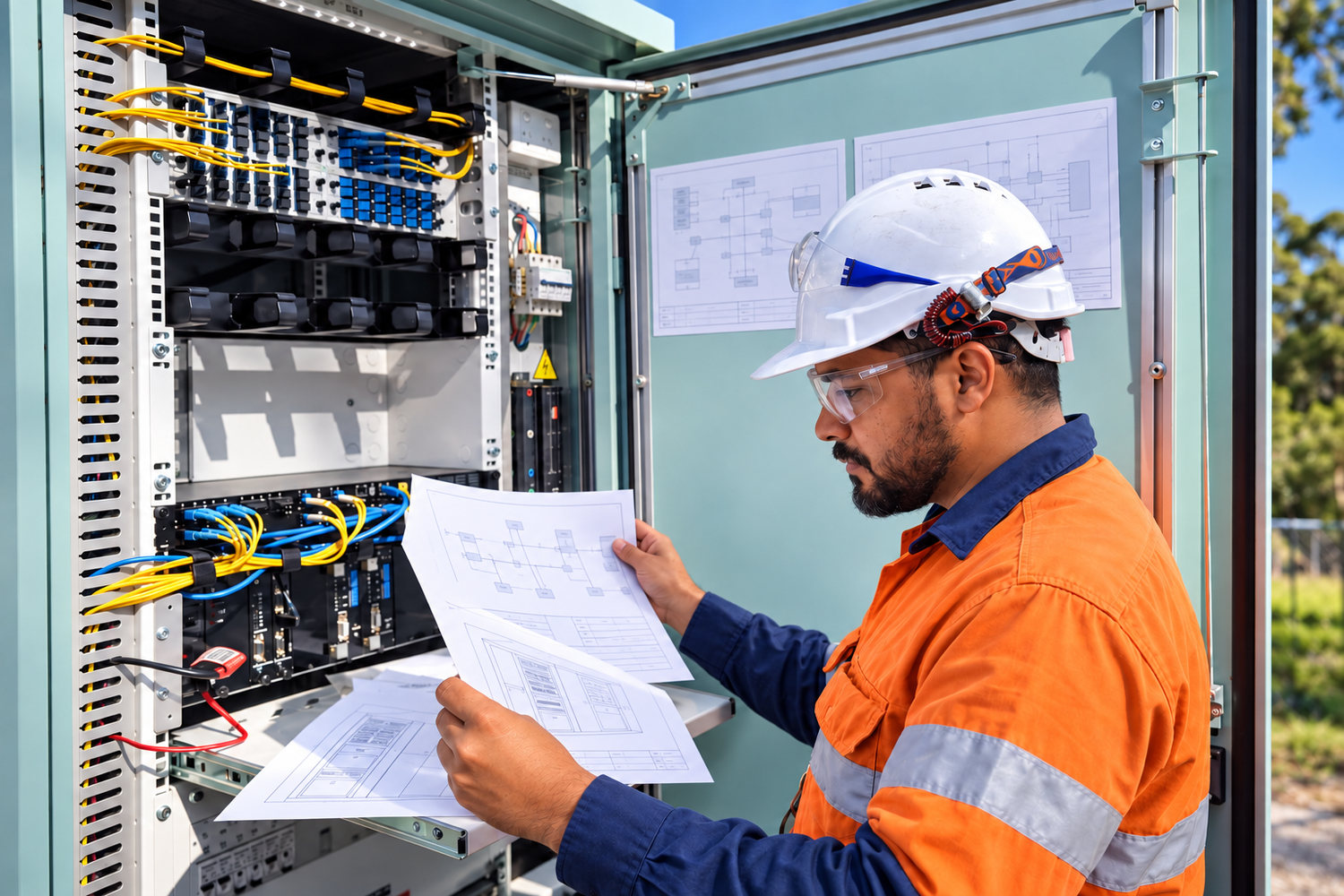 TES engineer checking drawings against an RTU and communications cabinet