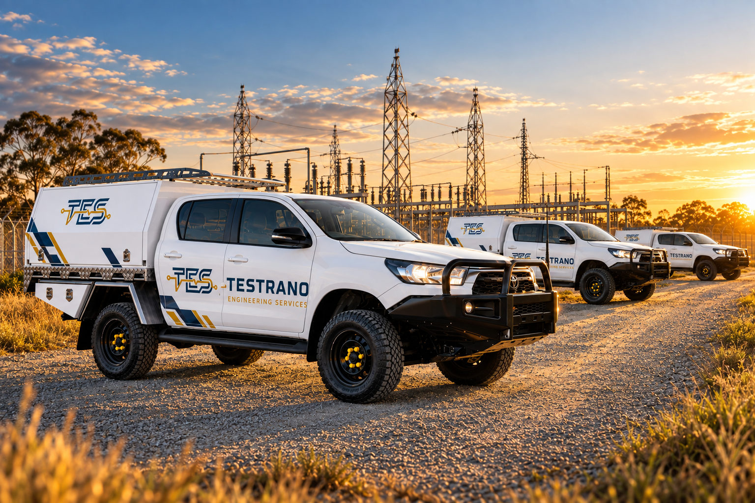 TES field service vehicles at a transmission substation at sunset