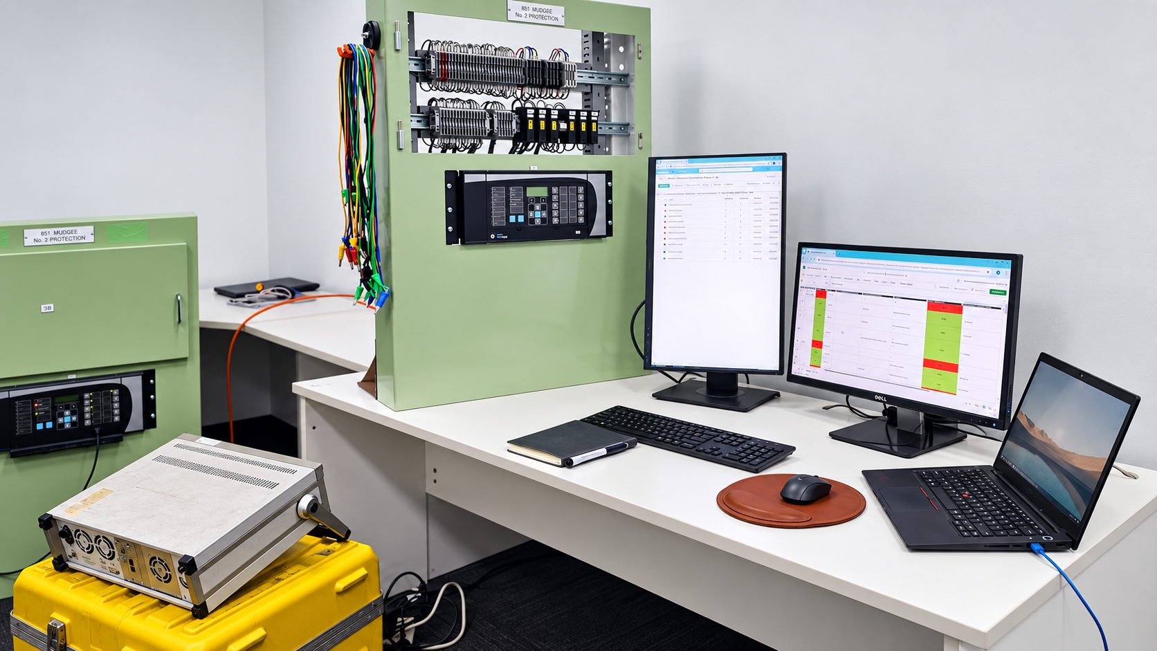 Protection commissioning workstation with a relay under test and results on screen