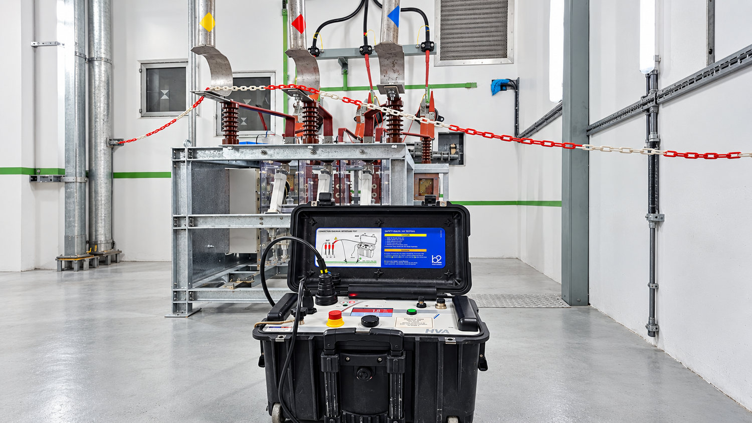 Partial discharge test set connected to high-voltage switchgear during commissioning