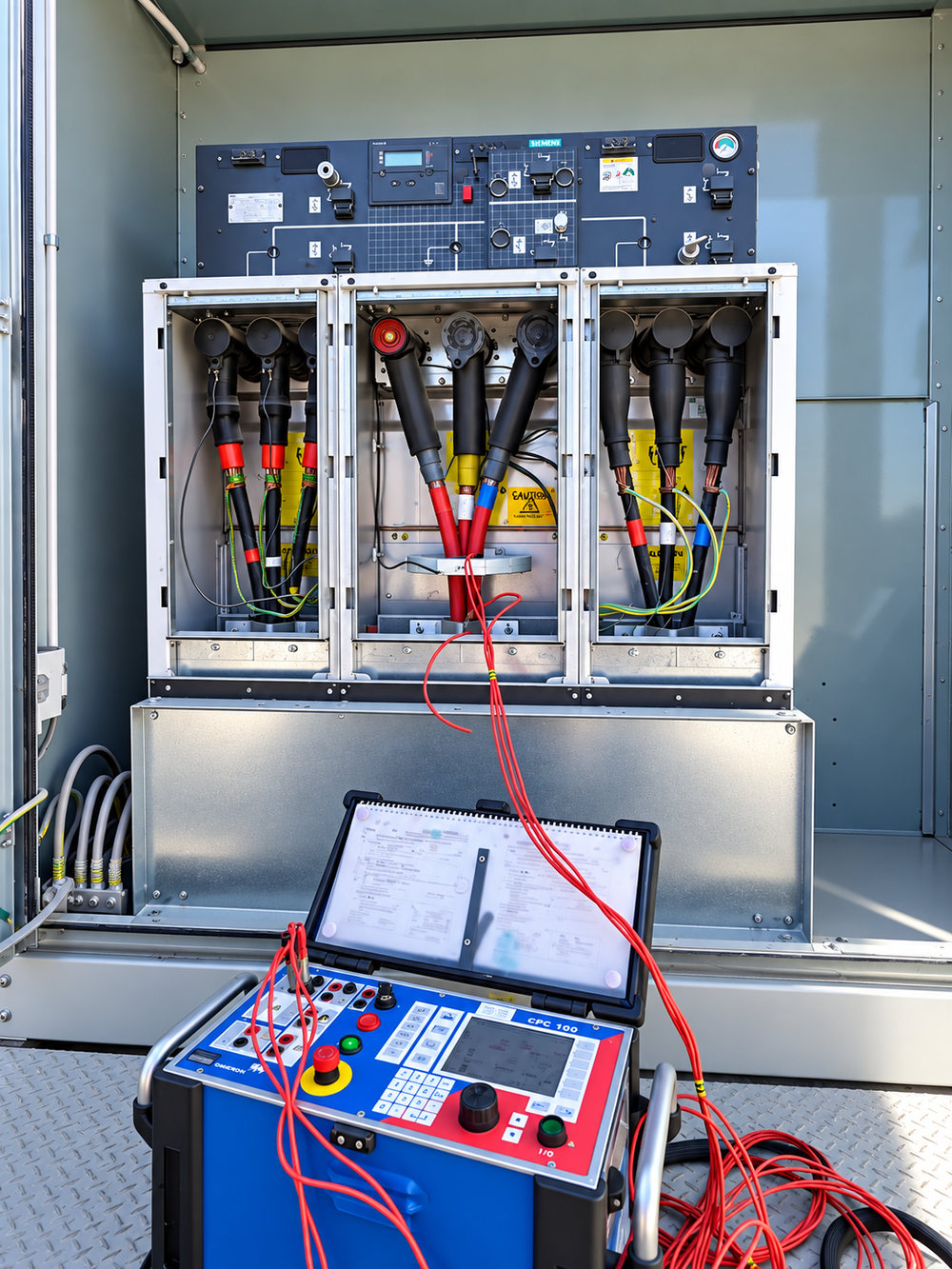 Primary injection test set connected to switchgear cable terminations
